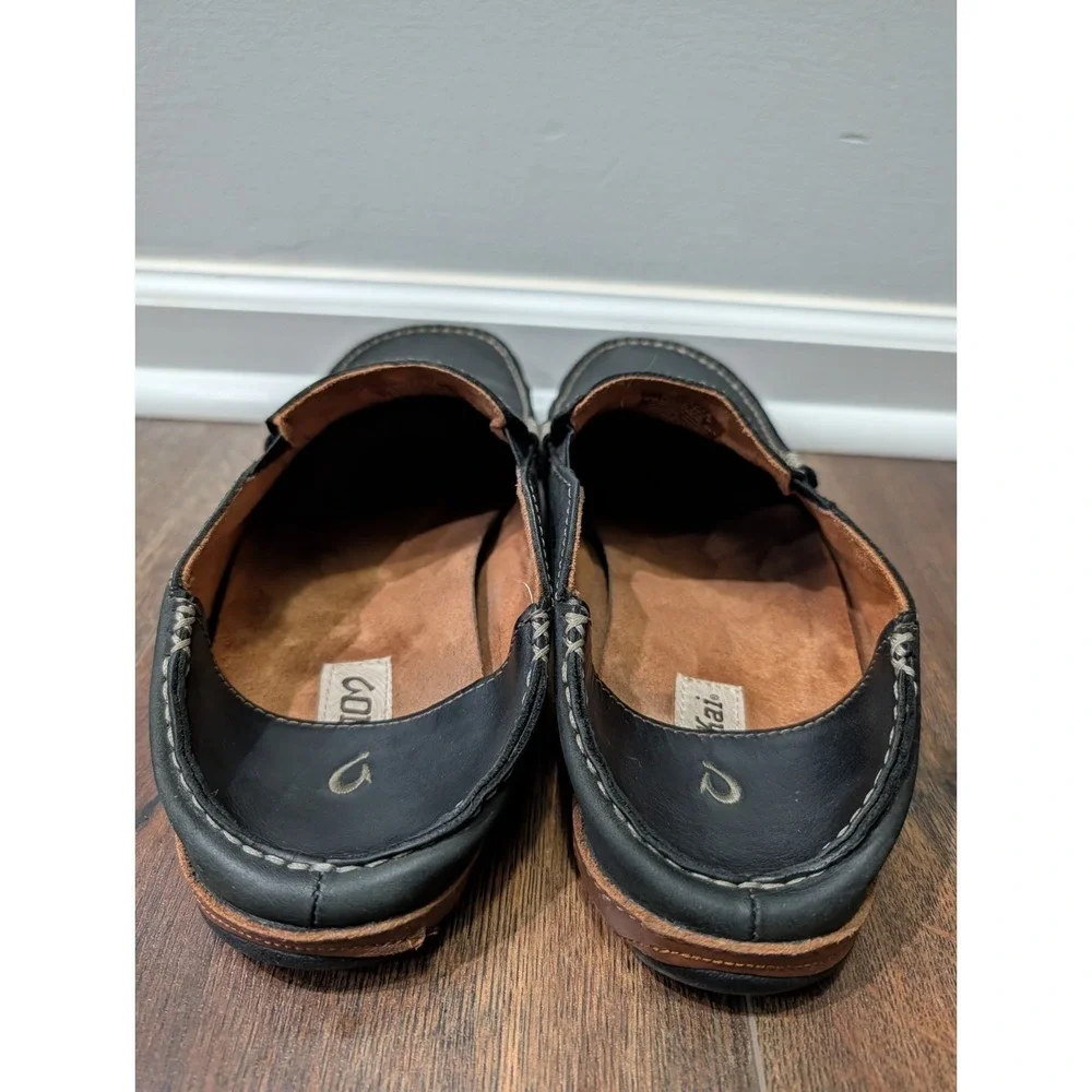 OluKai Mens Moloā Leather Slip On Shoes Black Toffee Size 11.5 Nubuck Drop Heel